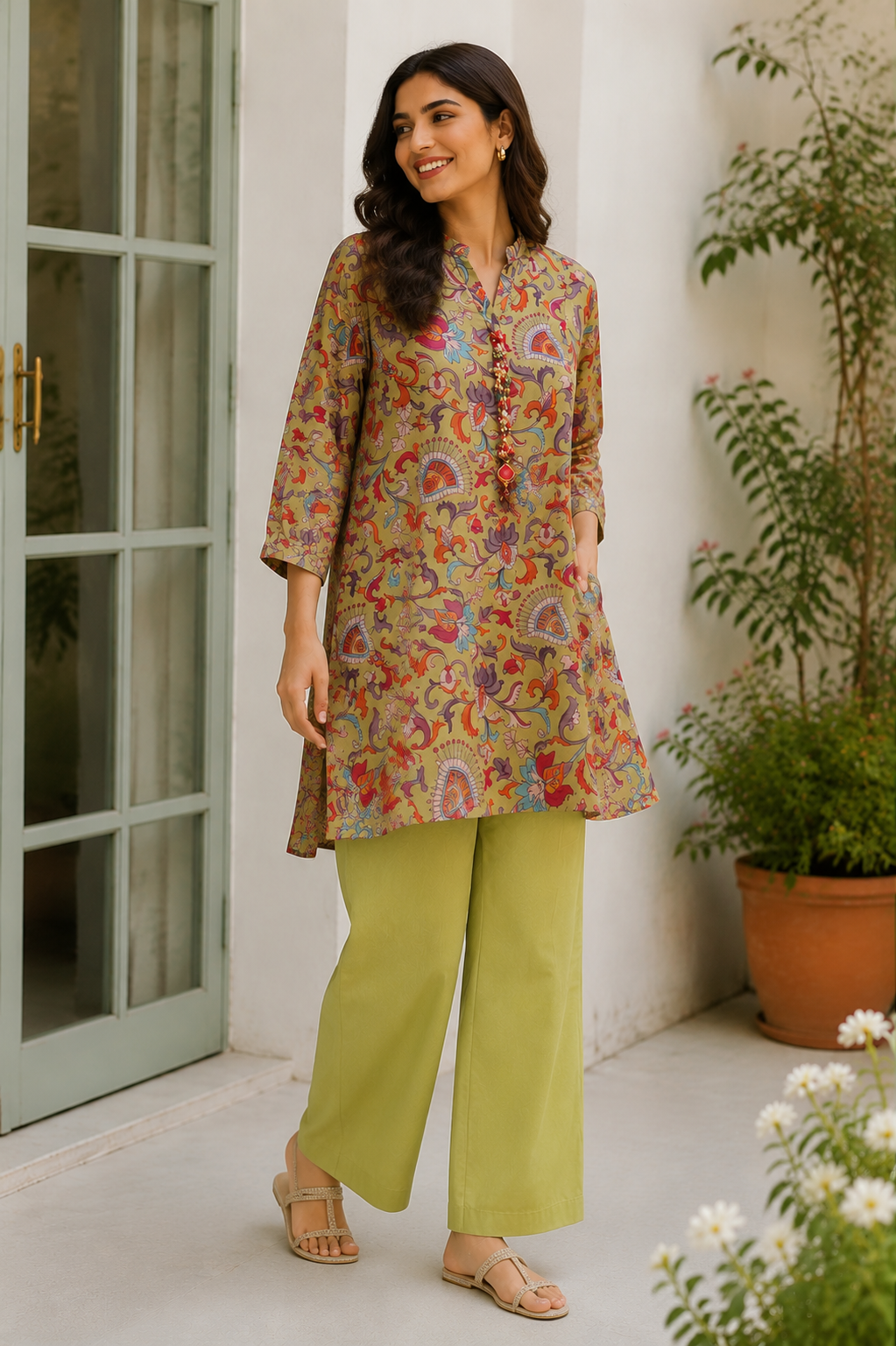 Olive Floral Printed A-Line Kurta with Straight Pants Set
