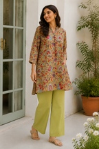 Olive Floral Printed Short Kurta With Pants Set