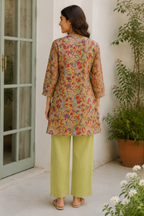 Olive Floral Printed A-Line Kurta with Straight Pants Set