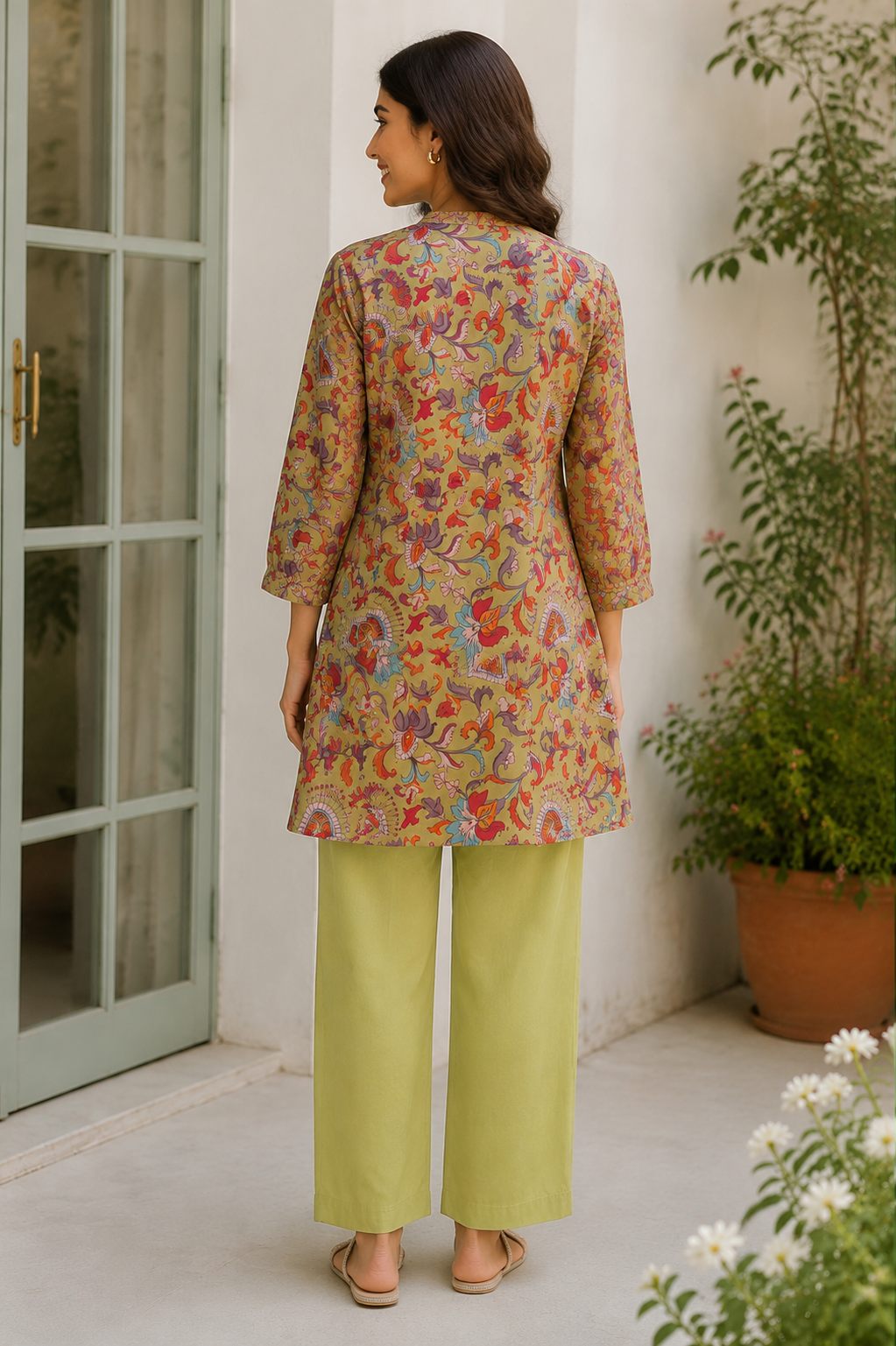 Olive Floral Printed Short Kurta With Pants Set
