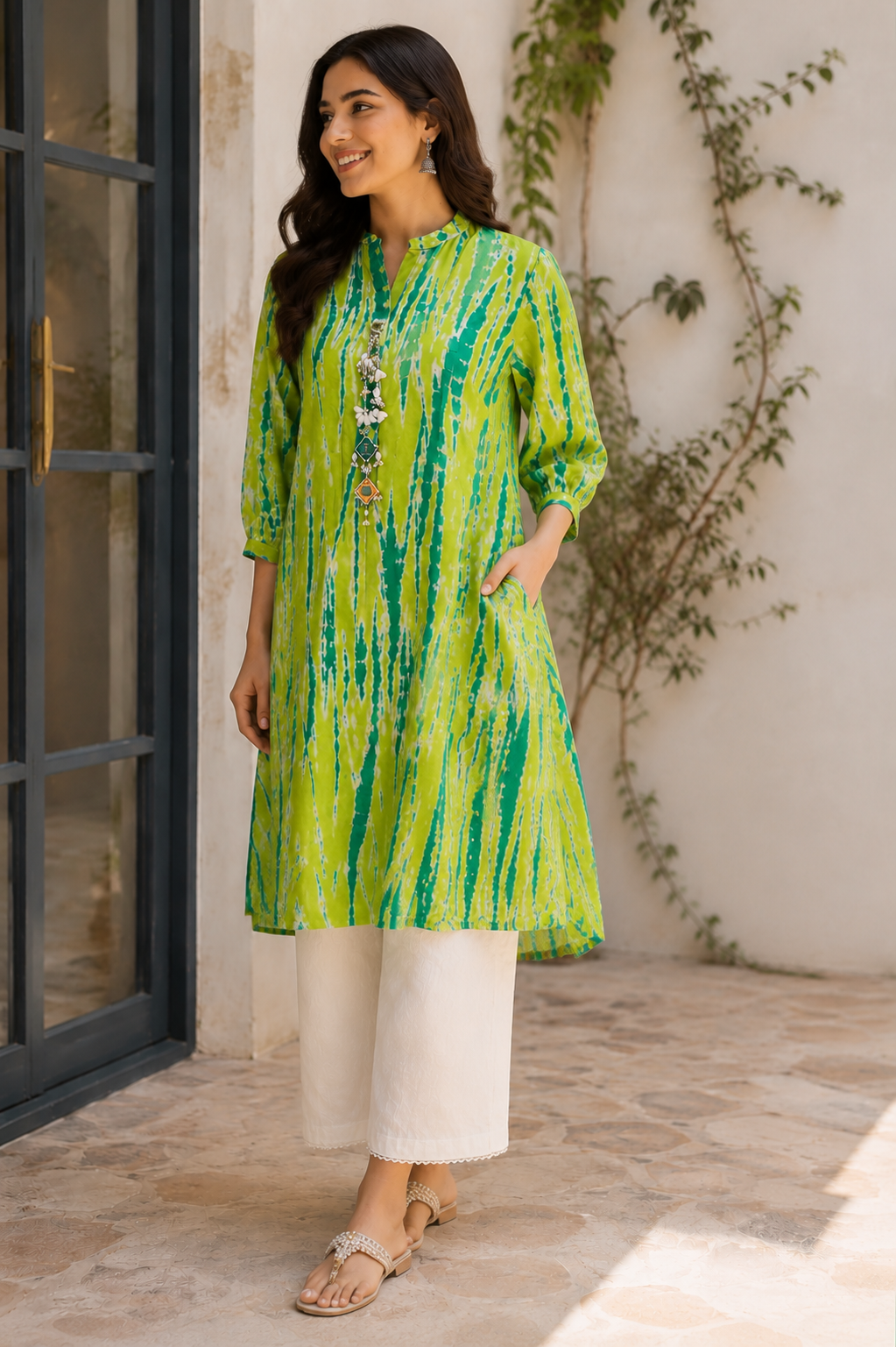 Lime Green Abstract Printed Flared Kurta