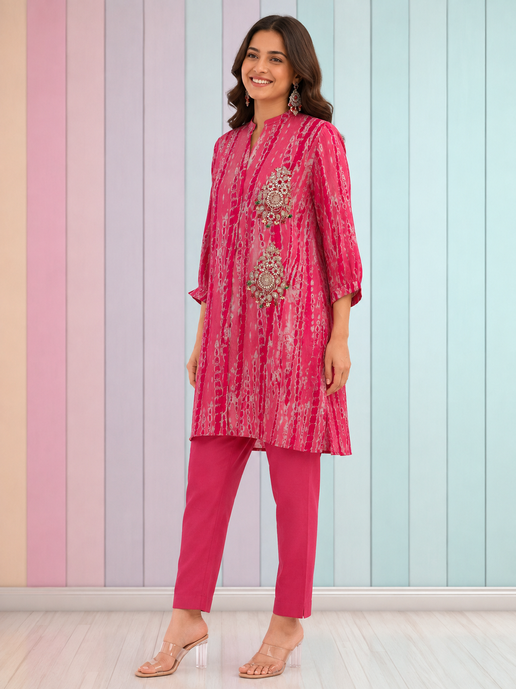 Fuchsia Moral Satin Printed Co-Ord Set with Gota Patti Embellishment