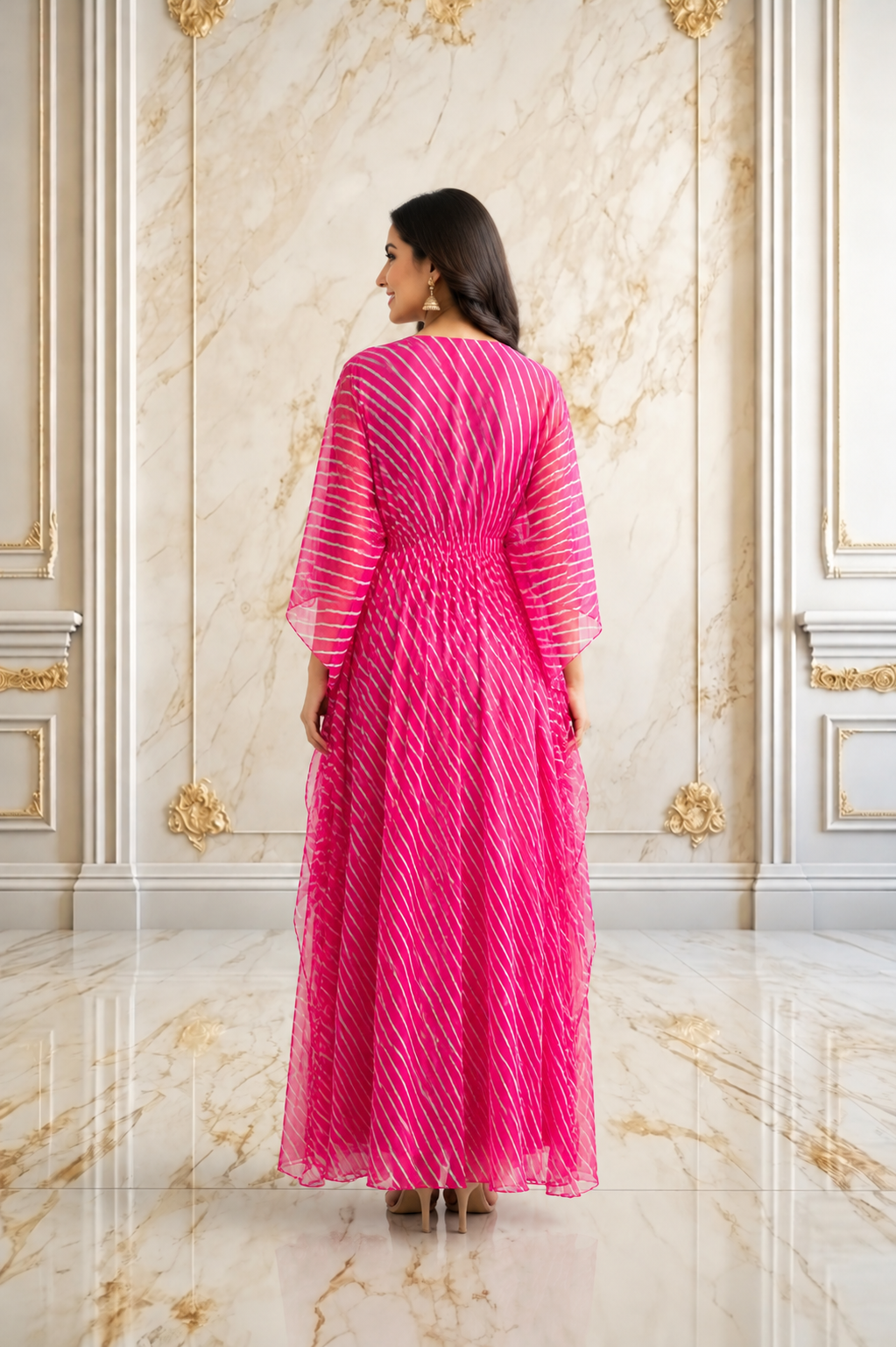 Hot Pink Georgette Leheriya Kaftan Kurta