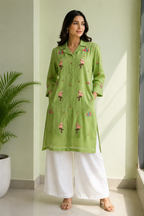Parrot Green Embroidered Shirt Dress