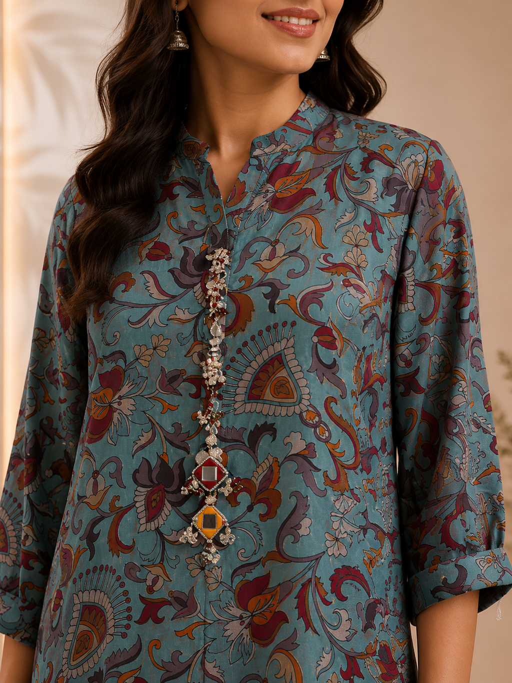 Dusty Teal Floral Paisley Printed Co-Ord Set With Embellished Neckline