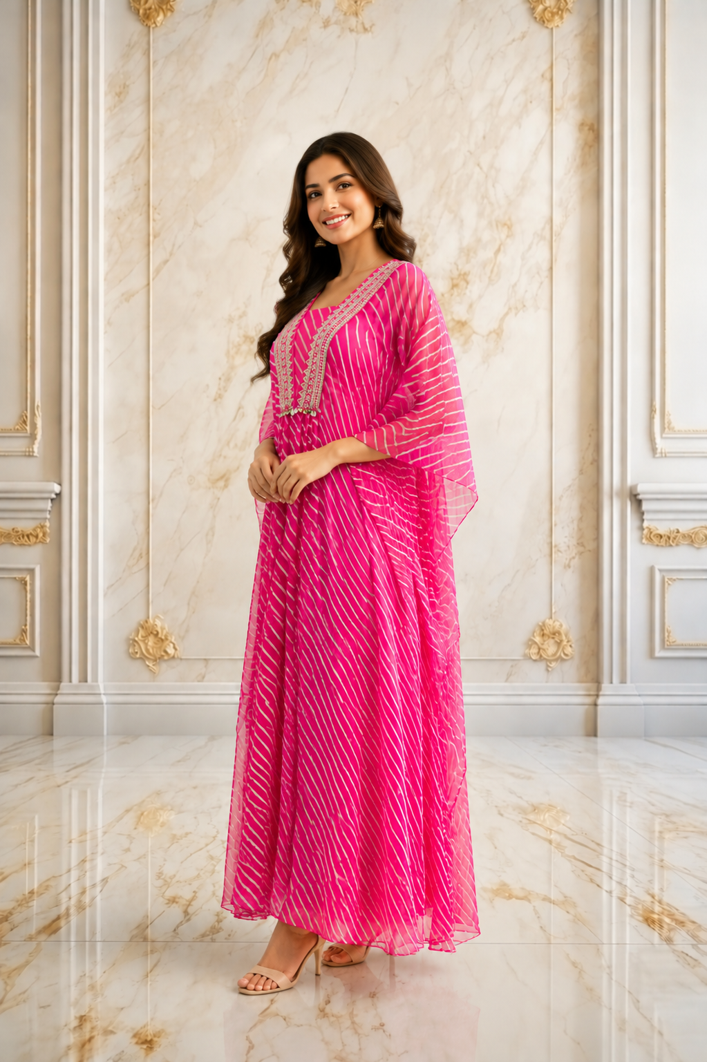 Hot Pink Georgette Leheriya Kaftan Kurta