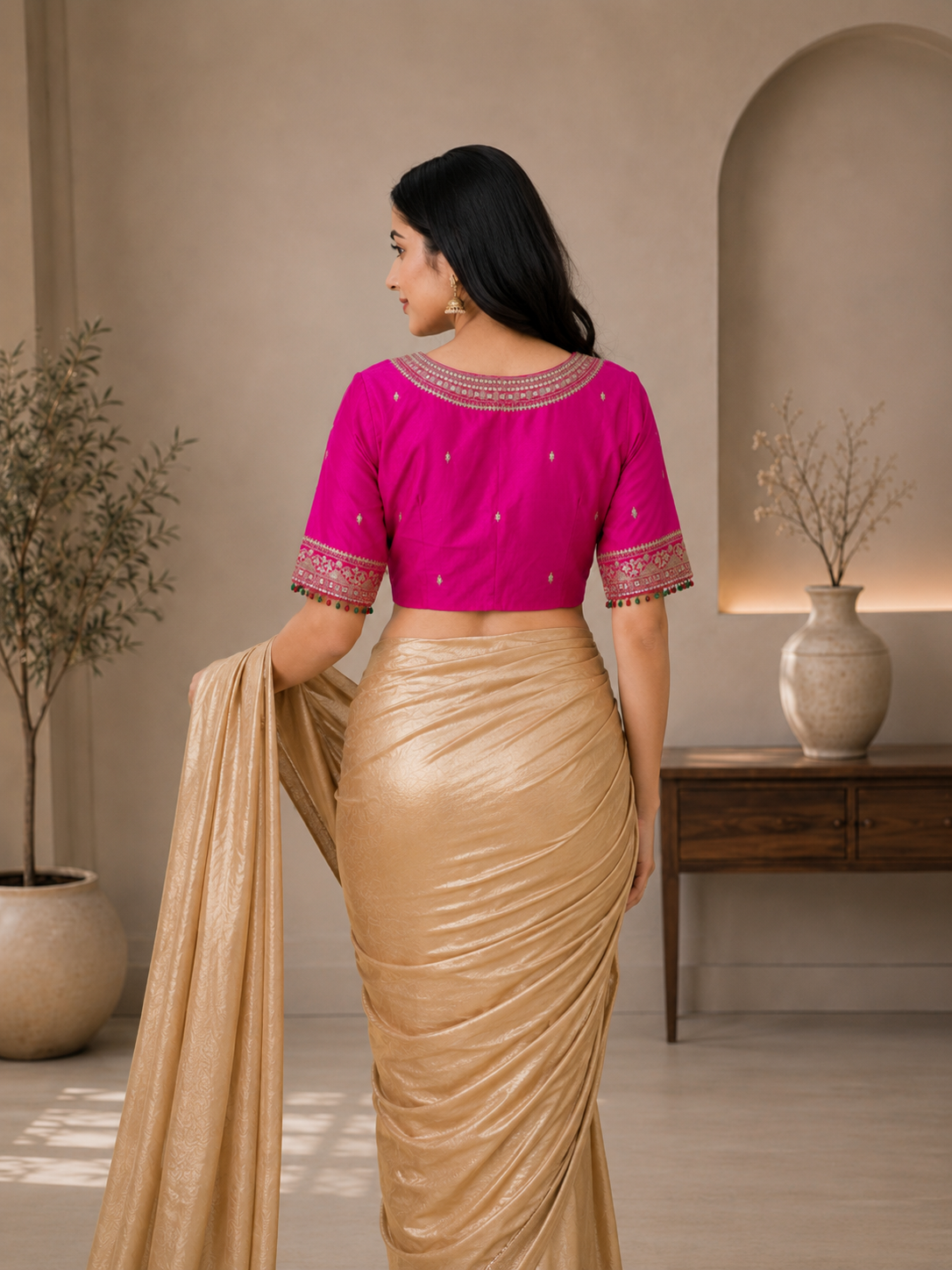 Embroidered Silk Blend Readymade Saree Blouse