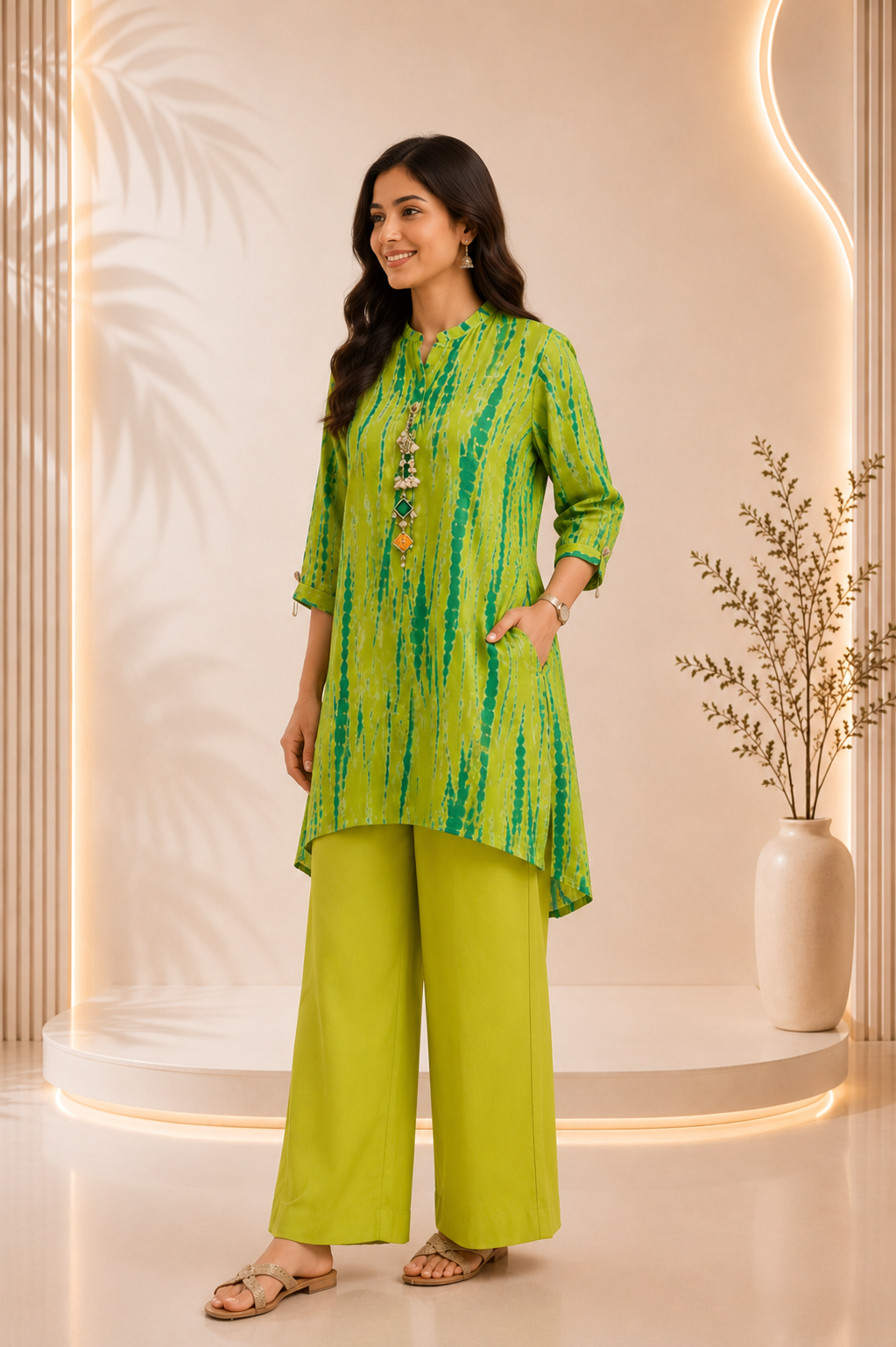 Lime Green Abstract Printed Flared Kurta Co-ord Set