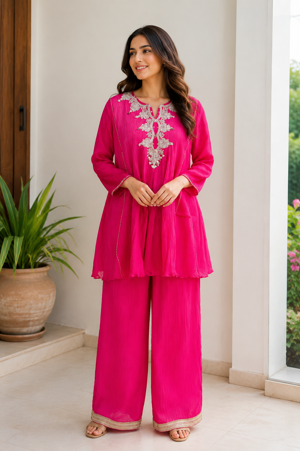 Fuchsia Pink Embroidered Short Kurta with Palazzo Set