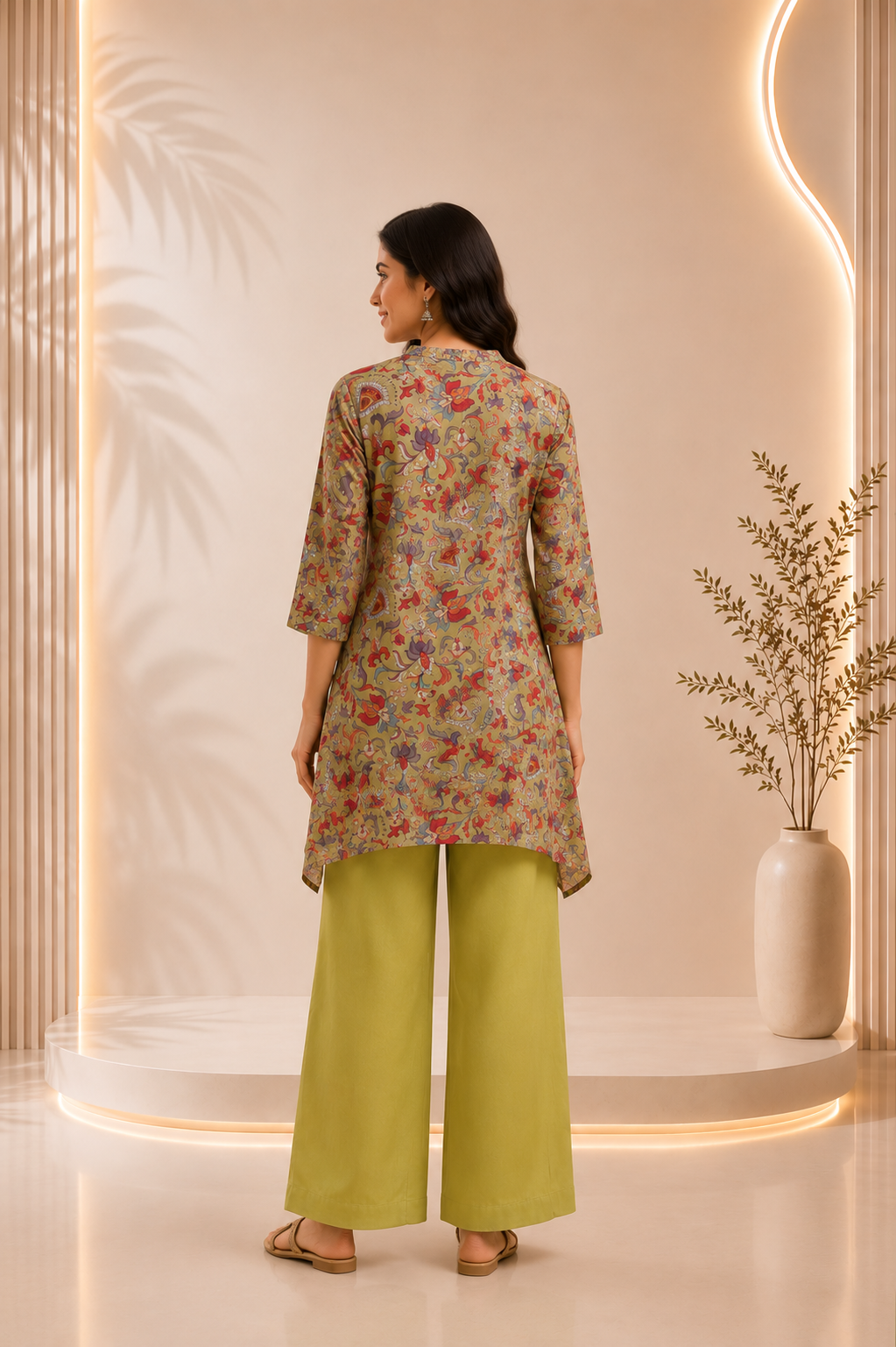 Olive Floral Printed Short Kurta With Pants Co-ord Set