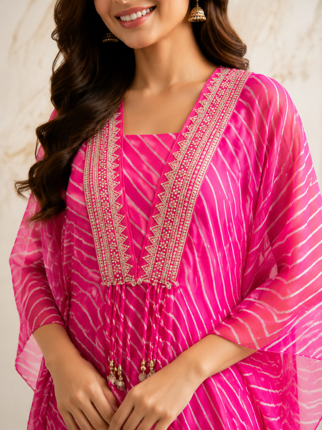 Hot Pink Georgette Leheriya Kaftan Kurta