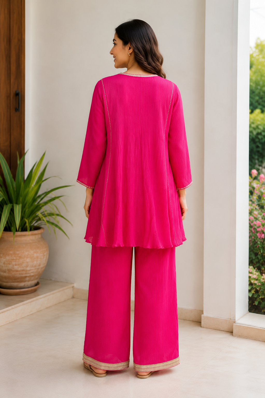 Fuchsia Pink Embroidered Short Kurta with Palazzo Set