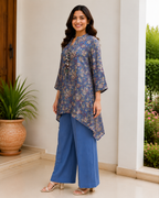 Indigo Paisley Printed Co-Ord Set With Embellished Neckline