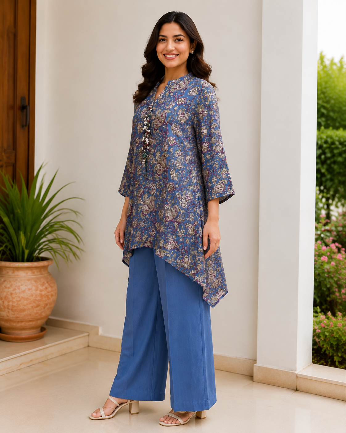 Indigo Paisley Printed Co-Ord Set With Embellished Neckline