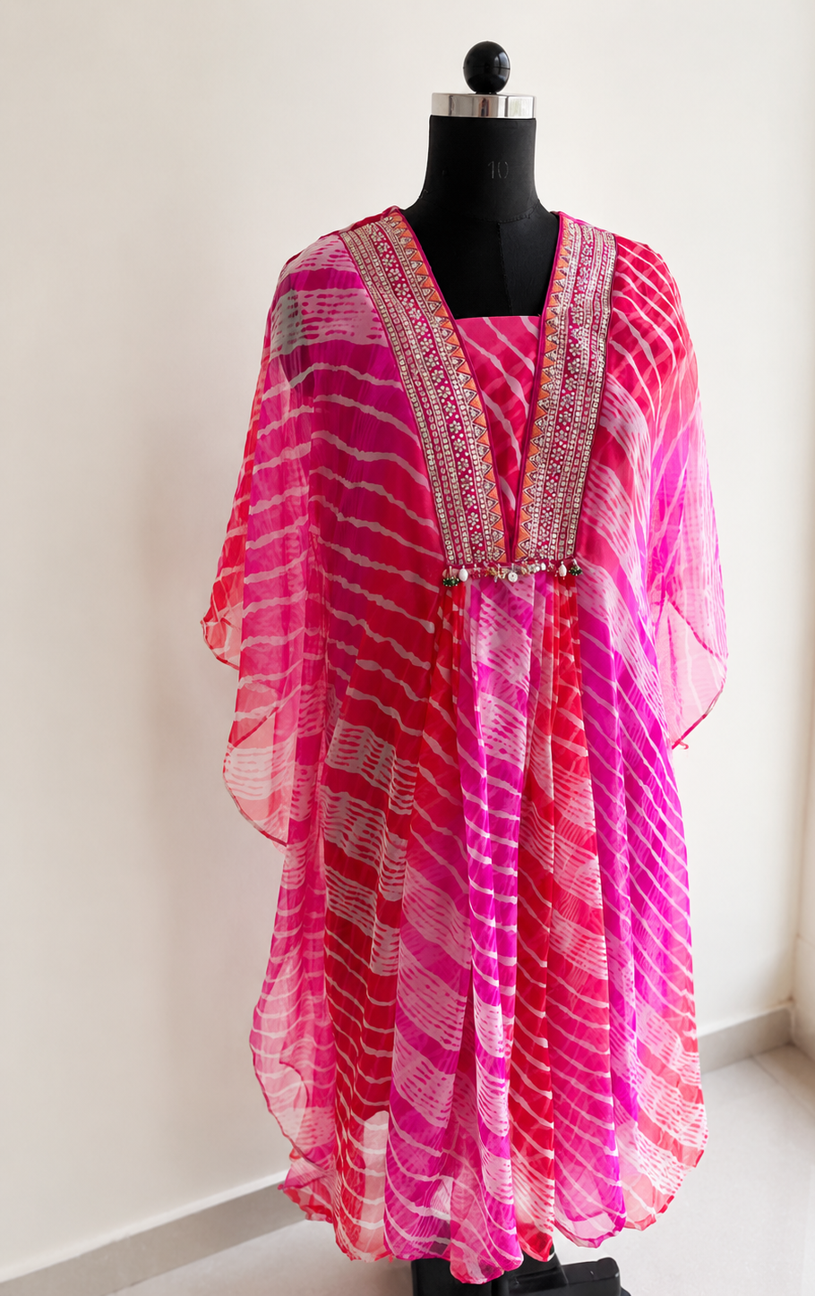 Deep Fuchsia Pink Georgette Leheriya Kaftan Kurta