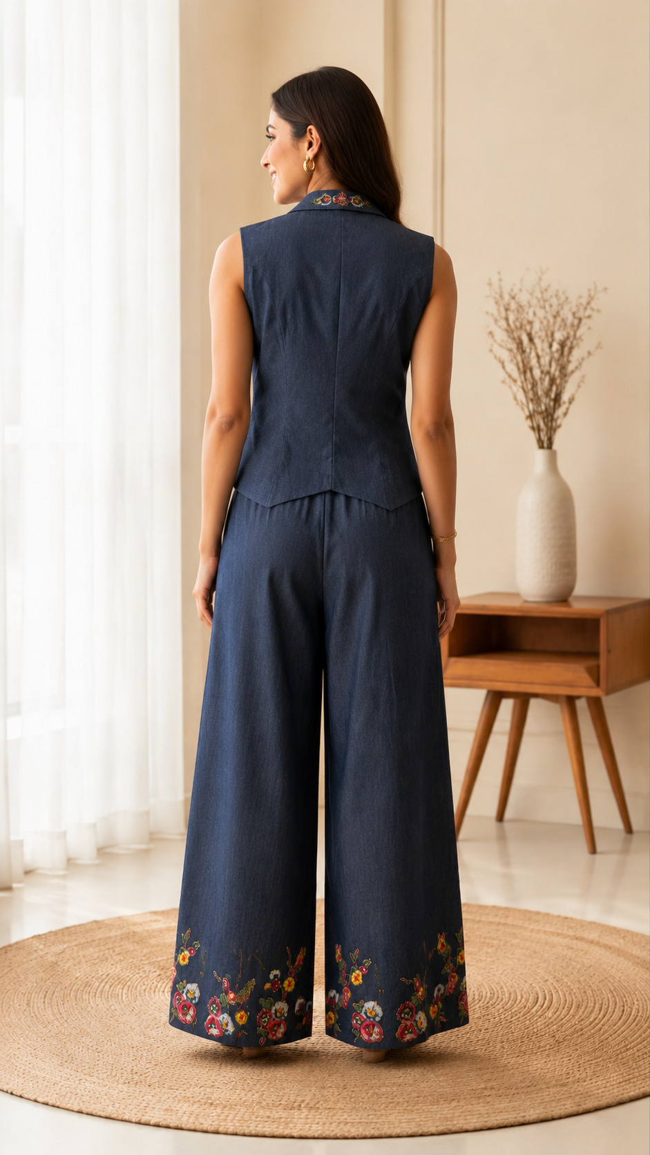 Navy Blue Embroidered Linen Co-Ord Set