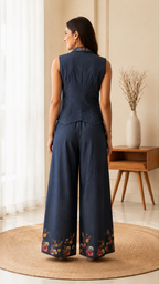 Navy Blue Embroidered Linen Co-Ord Set