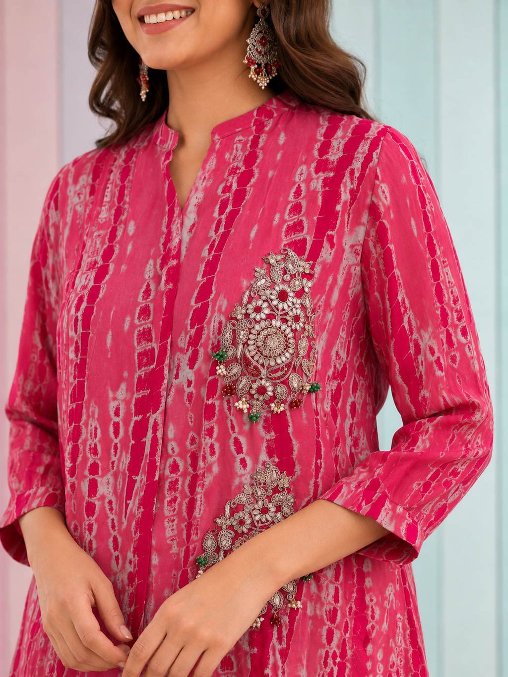 Fuchsia Moral Satin Printed Co-Ord Set with Gota Patti Embellishment