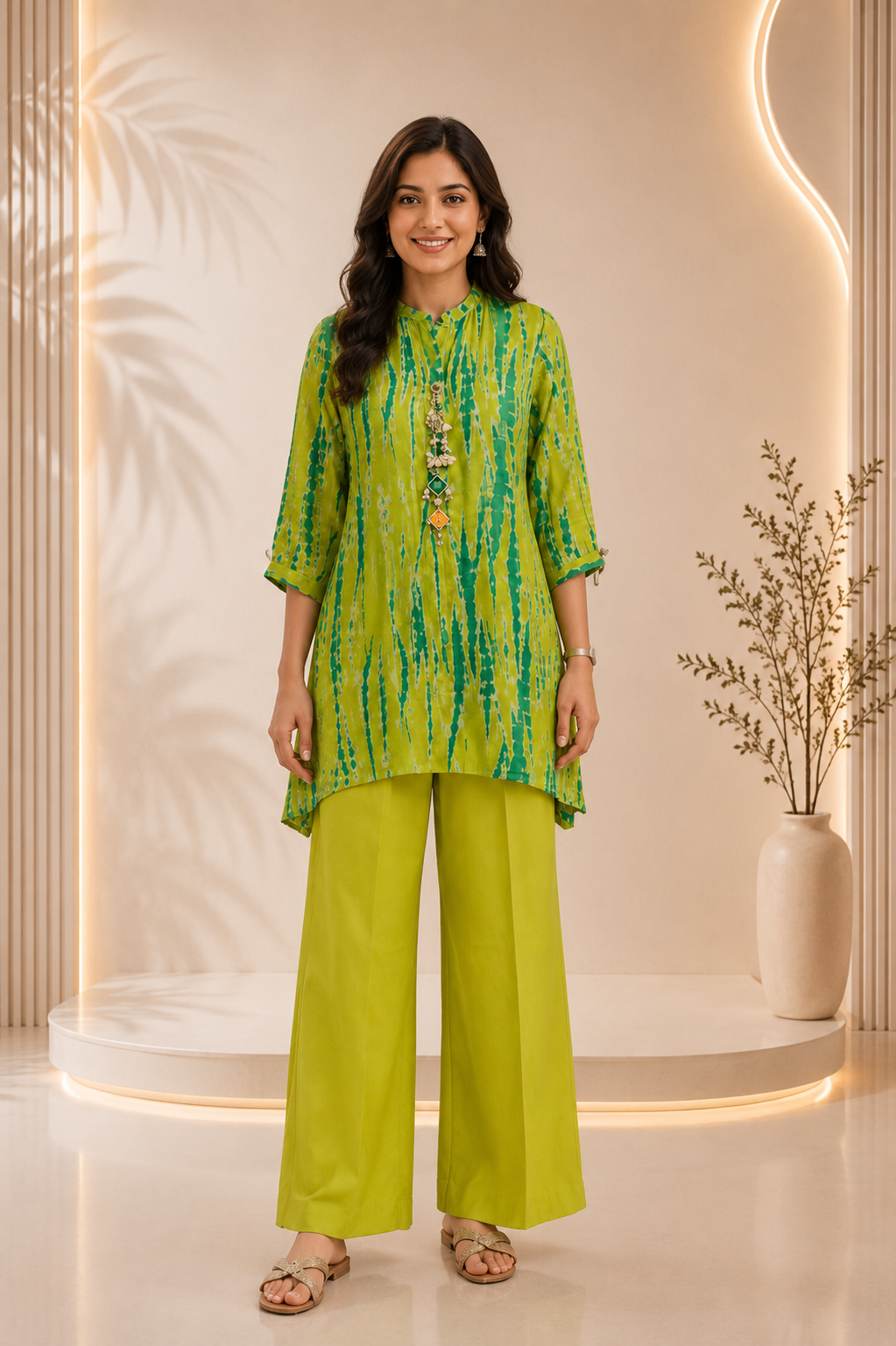 Lime Green Abstract Printed Flared Kurta Co-ord Set