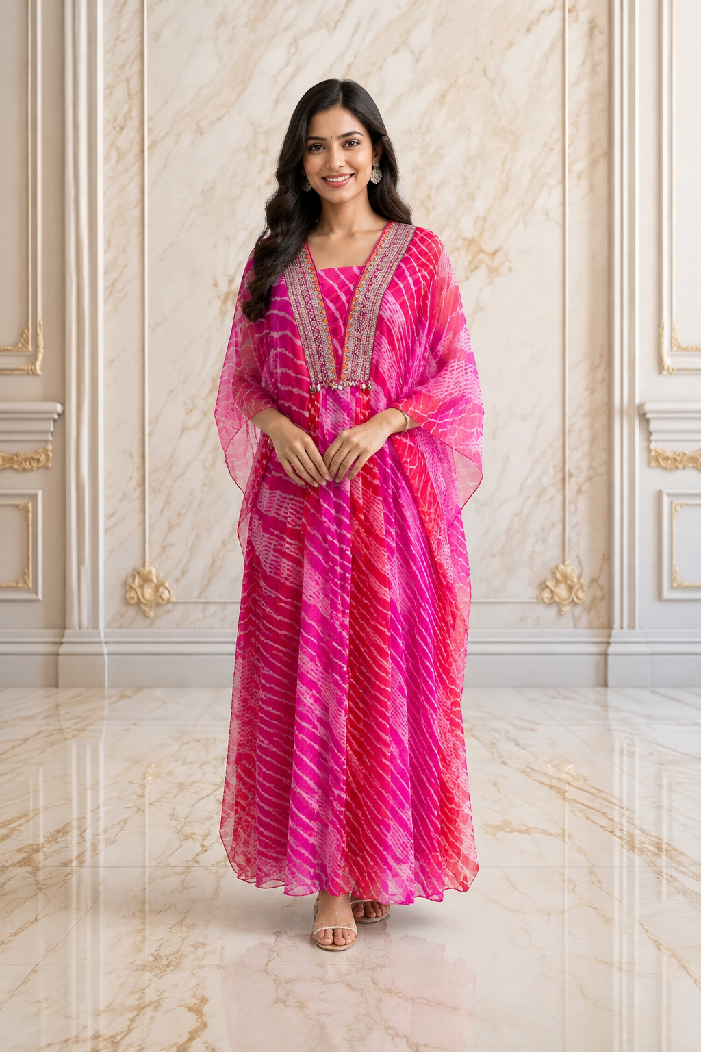 Deep Fuchsia Pink Georgette Leheriya Kaftan Kurta