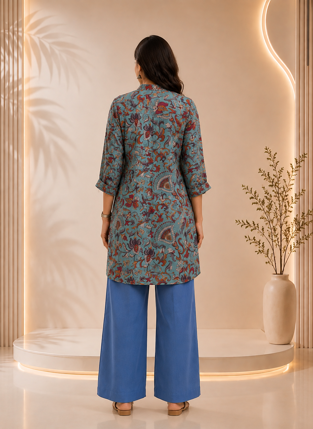 Dusty Teal Floral Paisley Printed Co-Ord Set With Embellished Neckline