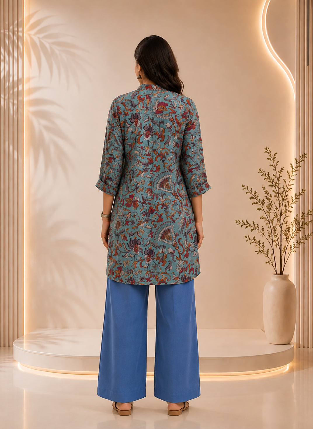 Dusty Teal Floral Paisley Printed Co-Ord Set With Embellished Neckline