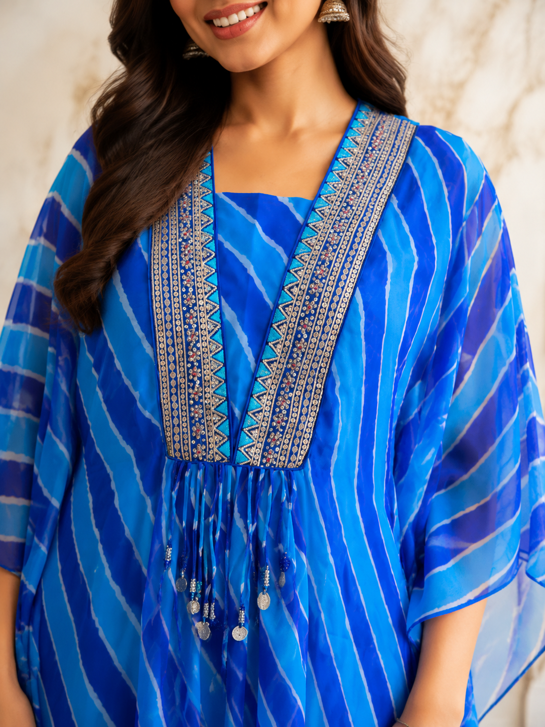 Royal Blue Georgette Leheriya Kaftan Kurta
