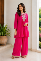 Fuchsia Pink Embroidered Short Kurta with Palazzo Set