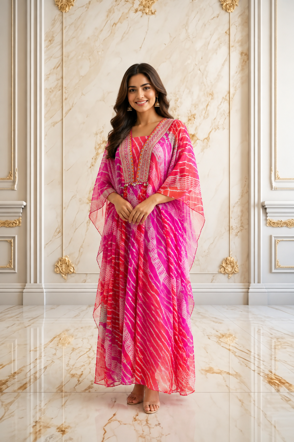 Deep Fuchsia Pink Georgette Leheriya Kaftan Kurta