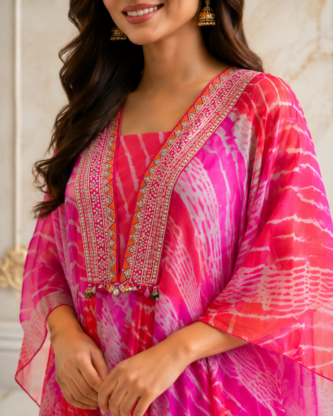 Deep Fuchsia Pink Georgette Leheriya Kaftan Kurta