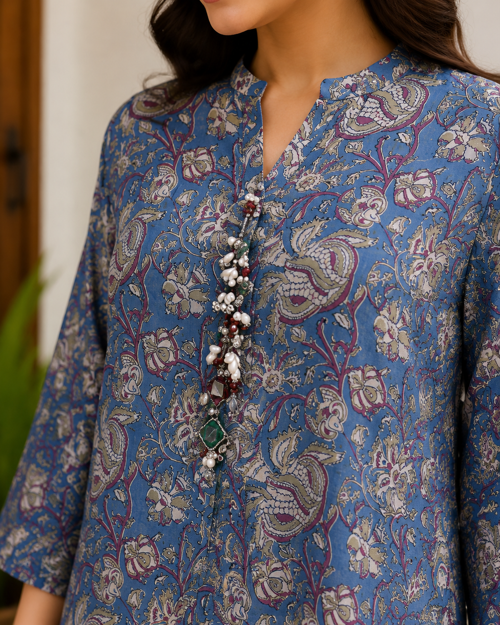 Indigo Paisley Printed Co-Ord Set With Embellished Neckline