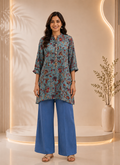 Dusty Teal Floral Paisley Printed Co-Ord Set With Embellished Neckline