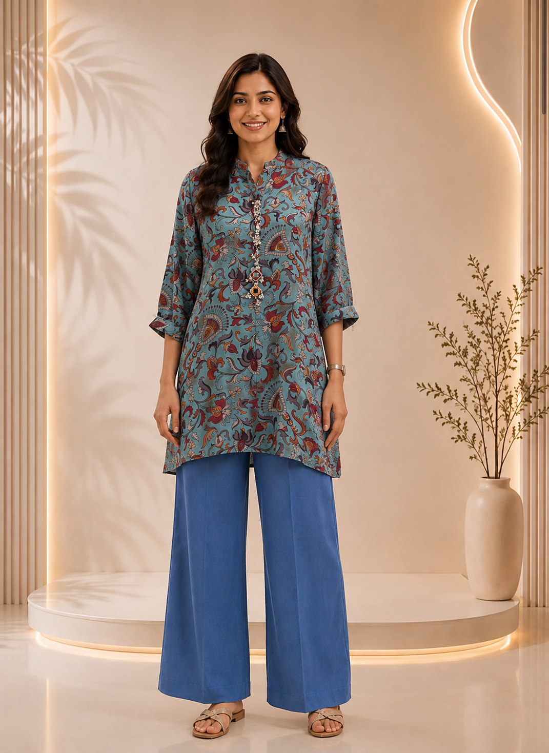 Dusty Teal Floral Paisley Printed Co-Ord Set With Embellished Neckline