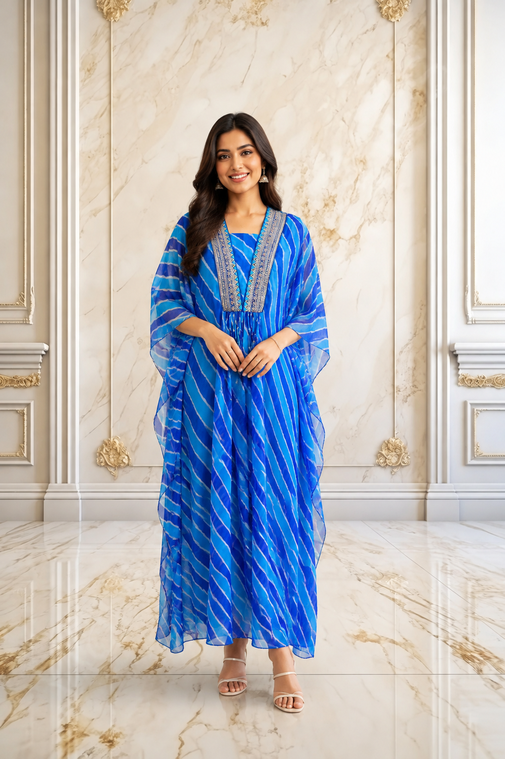 Royal Blue Georgette Leheriya Kaftan Kurta