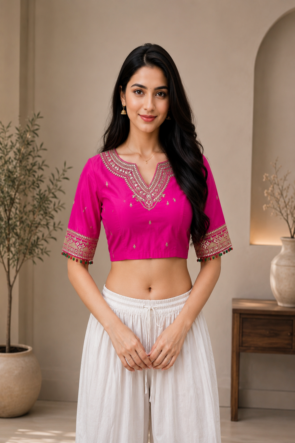 Embroidered Silk Blend Readymade Saree Blouse