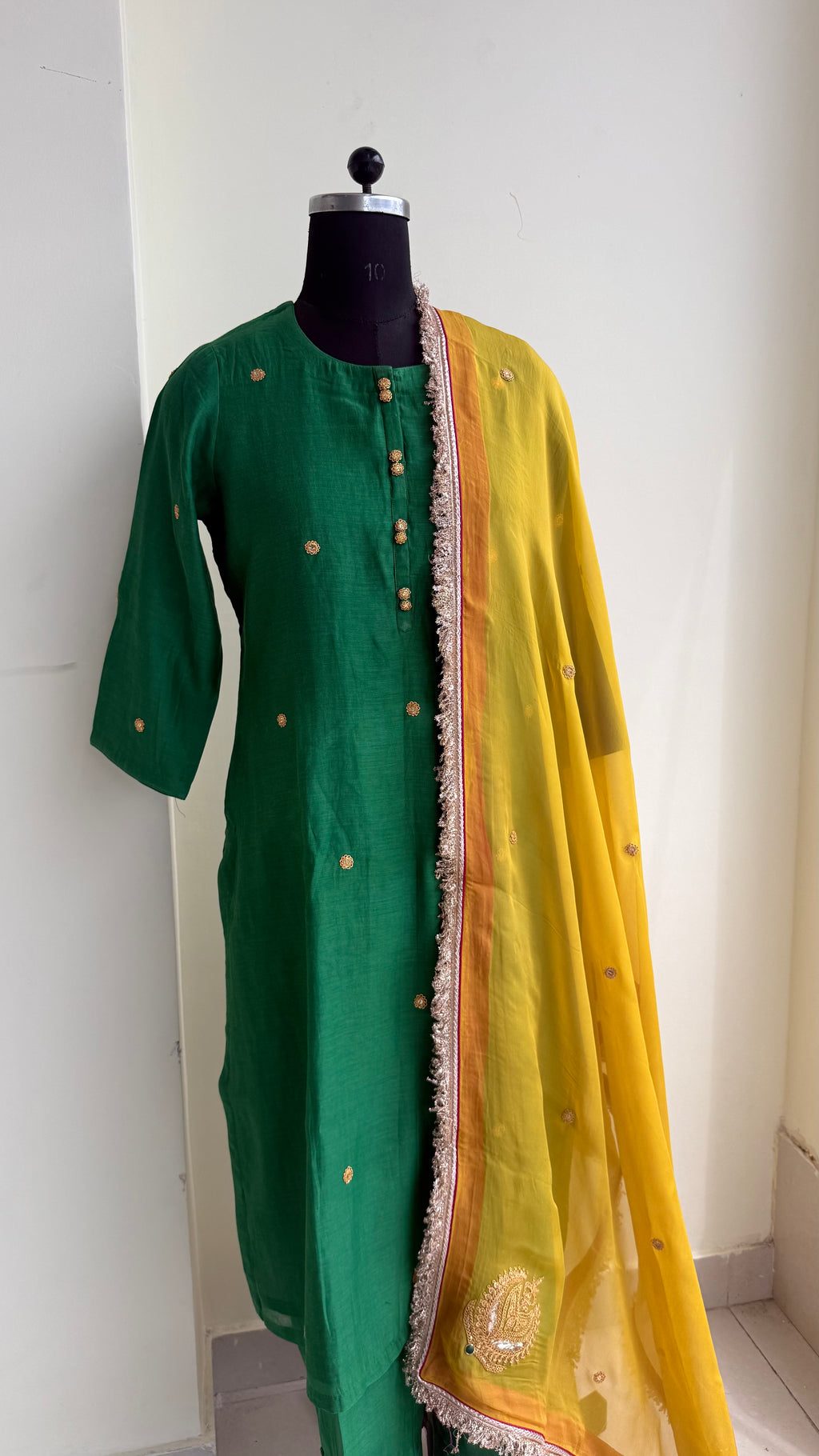 Green Kurta Set with Mustard Dupatta