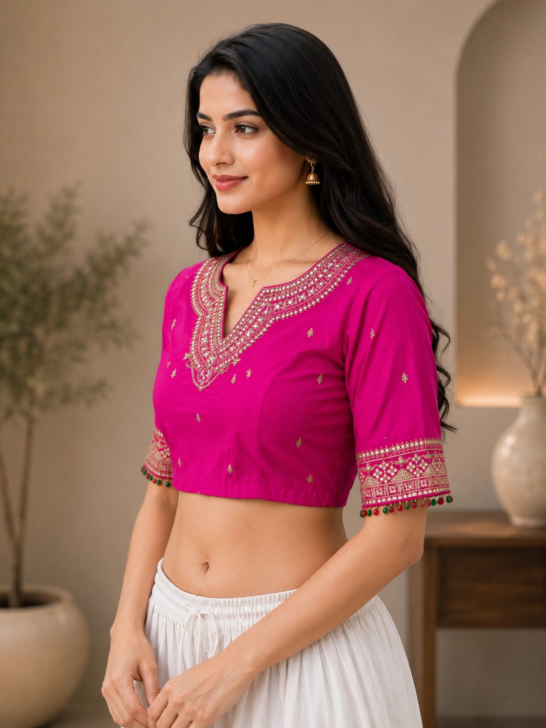 Embroidered Silk Blend Readymade Saree Blouse