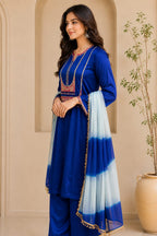 Embroidered Straight Kurta with Palazzo & Ombre Dupatta Set
