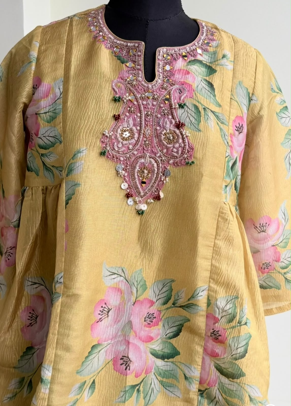 Mustard Floral Prineted Tissue Organza Co-Ord Set