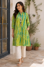 Lime Green Abstract Printed Flared Kurta