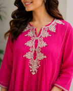 Fuchsia Pink Embroidered Flared Co-Ord Set