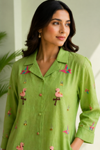 Parrot Green Embroidered Shirt Dress
