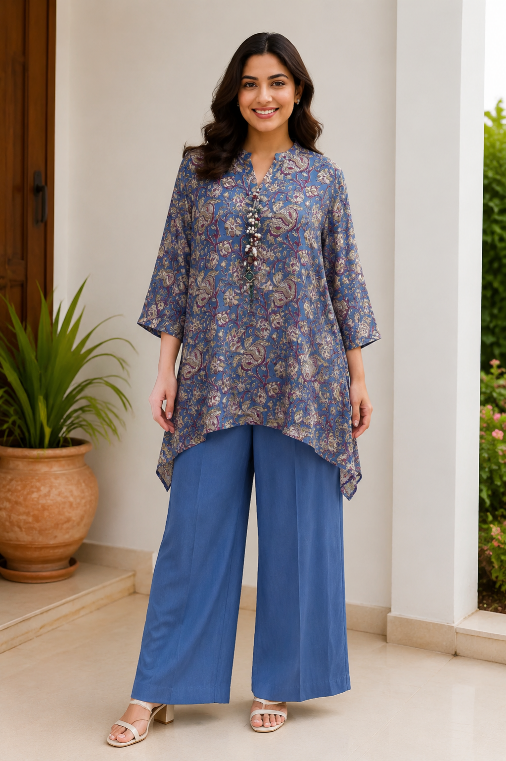 Indigo Paisley Printed Co-Ord Set With Embellished Neckline