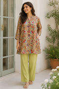 Olive Floral Printed Short Kurta With Pants Set