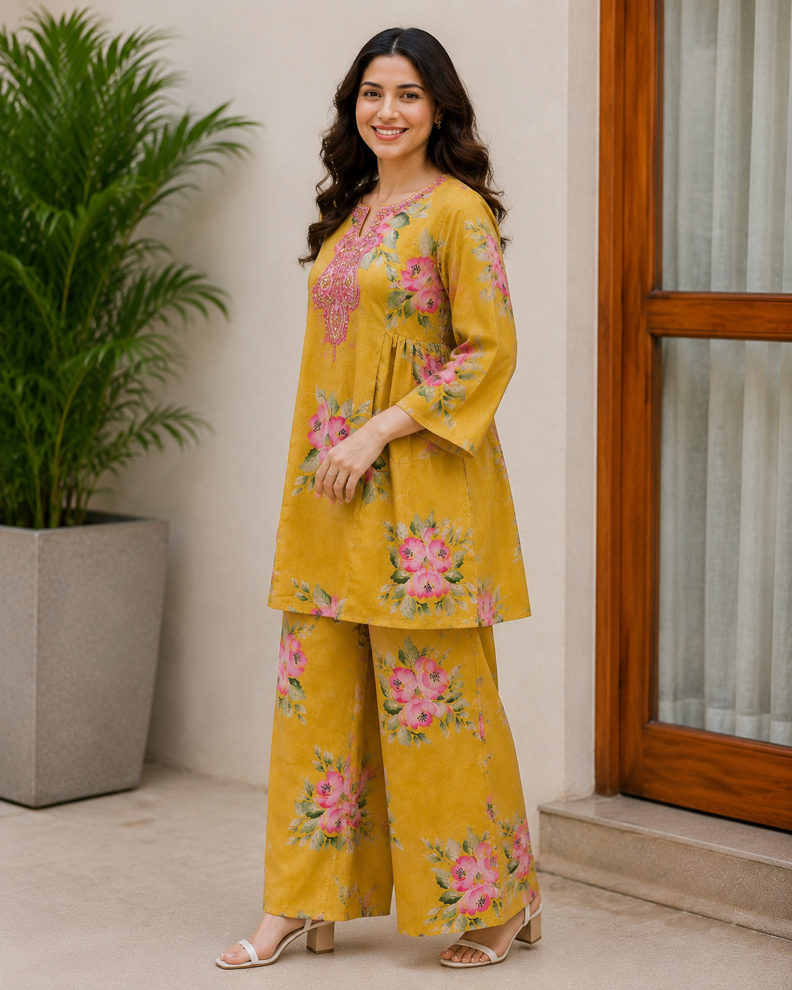 Mustard Floral Printed Cotton Co-Ord Set