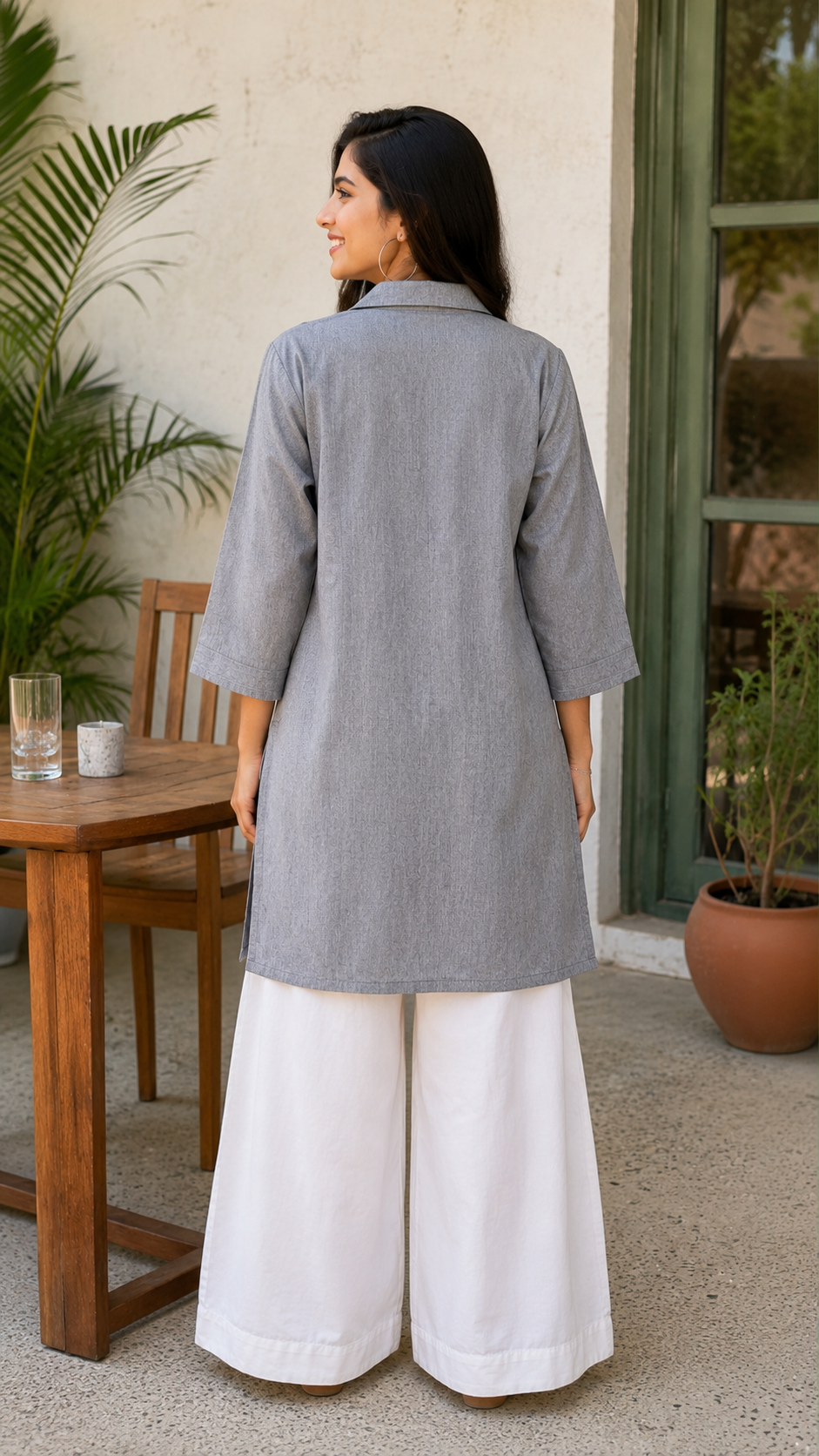 Grey Evil Eye Embroidered Cotton Tunic