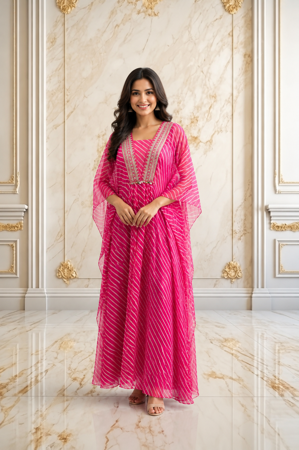 Hot Pink Georgette Leheriya Kaftan Kurta