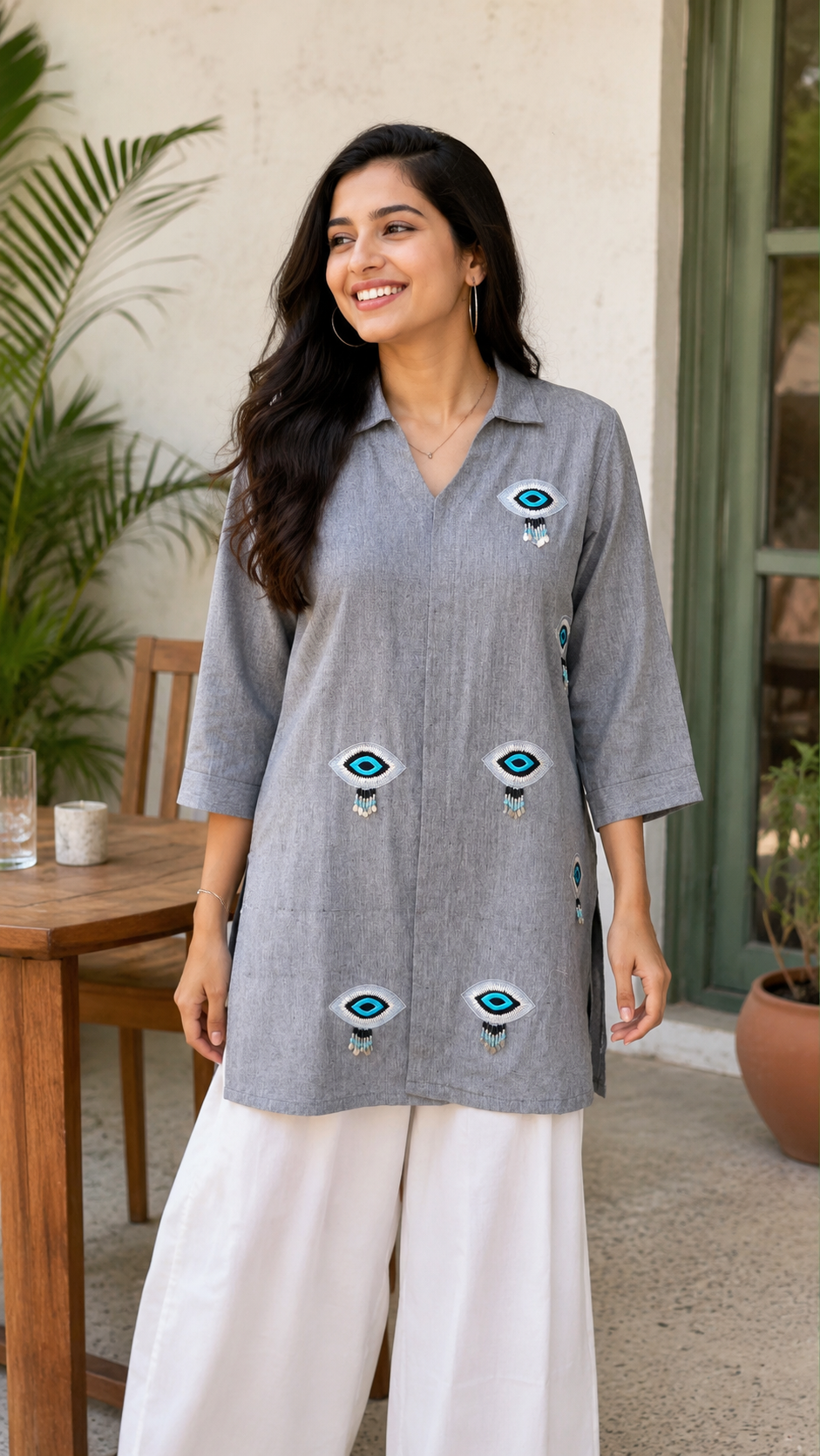 Grey Evil Eye Embroidered Cotton Tunic