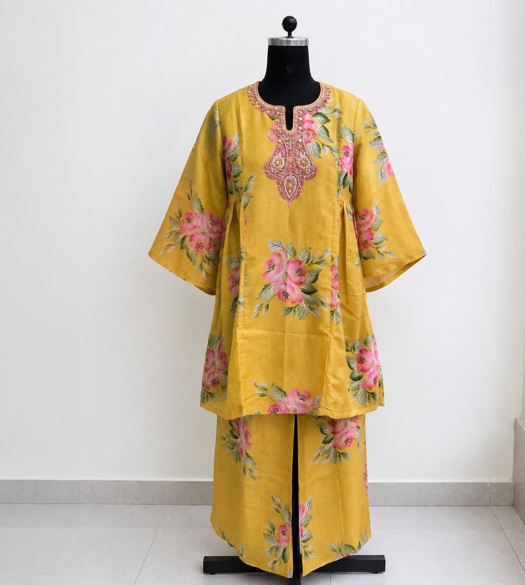 Mustard Floral Prineted Tissue Organza Co-Ord Set