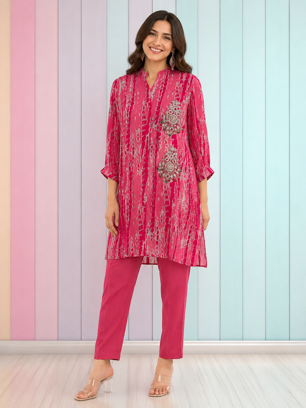 Fuchsia Moral Satin Printed Co-Ord Set with Gota Patti Embellishment